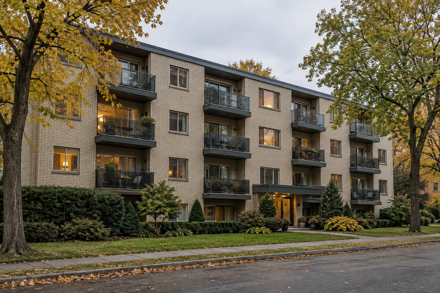 A low-rise brick apartment building on a tree-lined street.