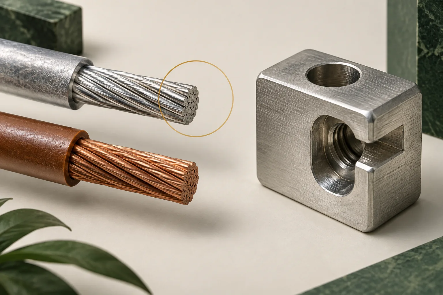 Separated metal conductors and a conceptual terminal block.