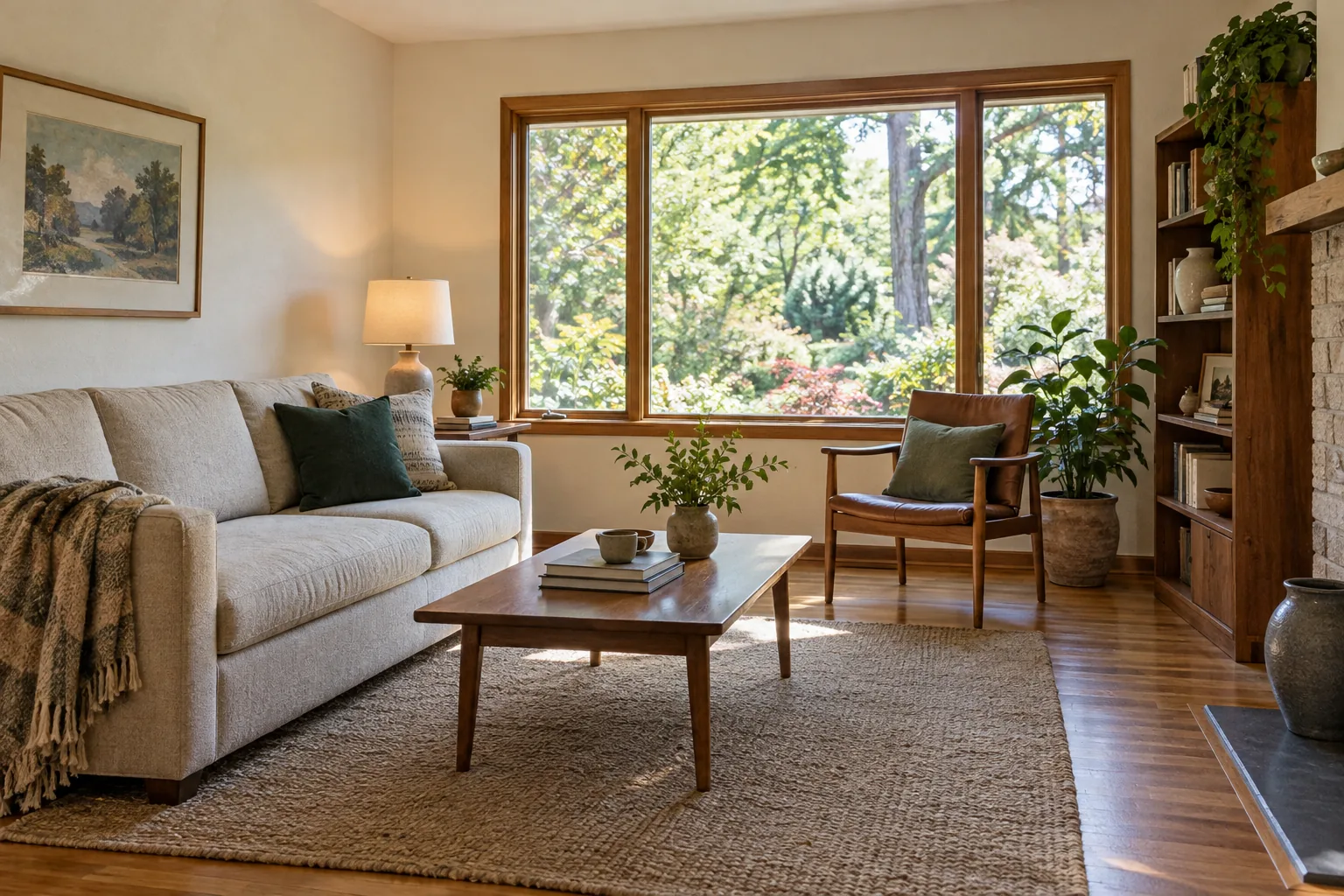 A furnished mid-century living room with a broad garden window.