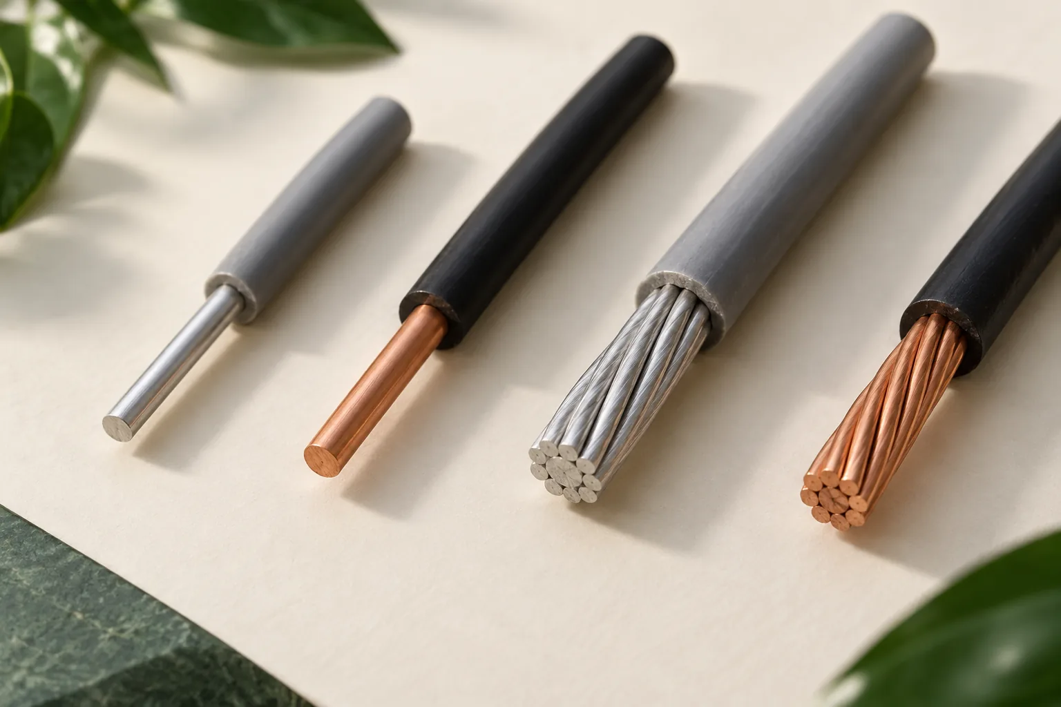 Separate solid and stranded silver and copper conductor samples on a studio surface.