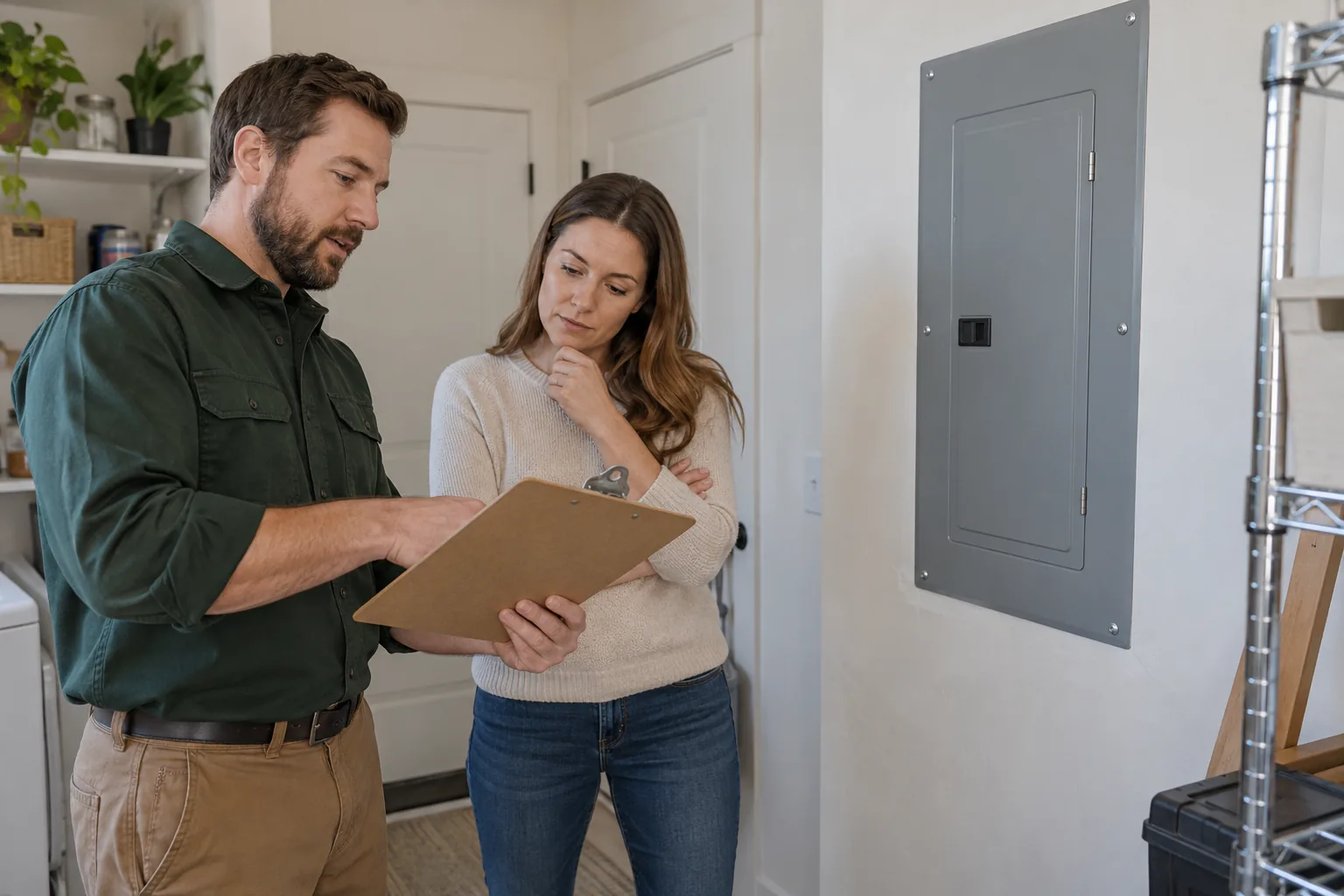 A representative homeowner and professional reviewing a clipboard beside a closed panel.