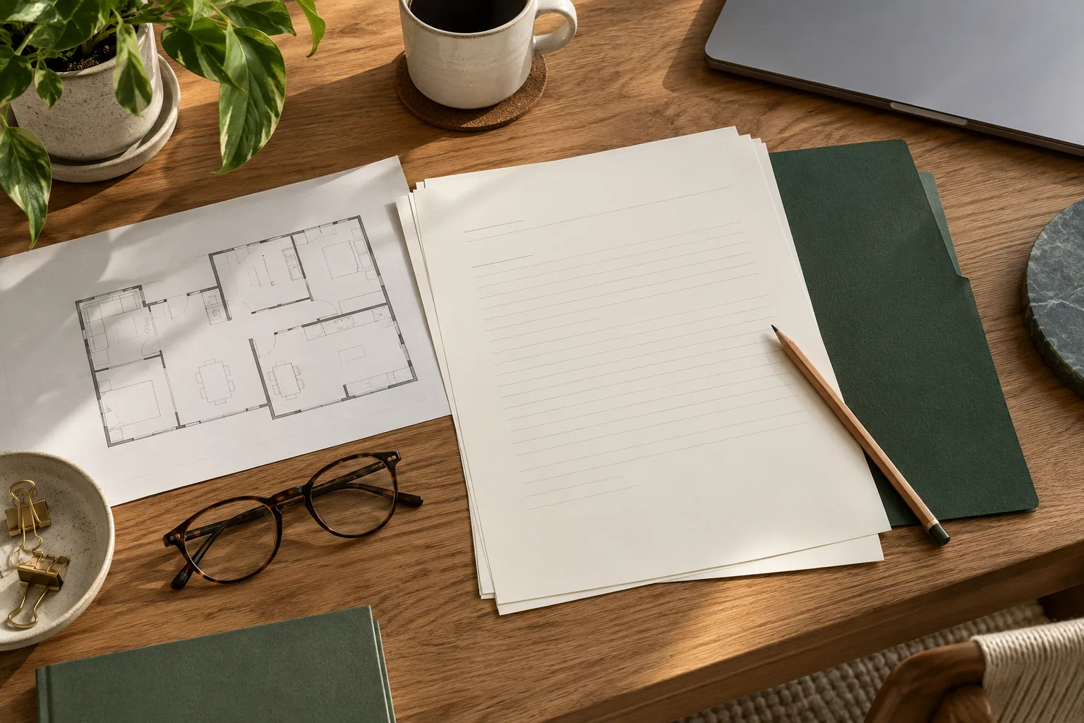 A folder, blank notes and an illustrative floor plan organized on a desk.
