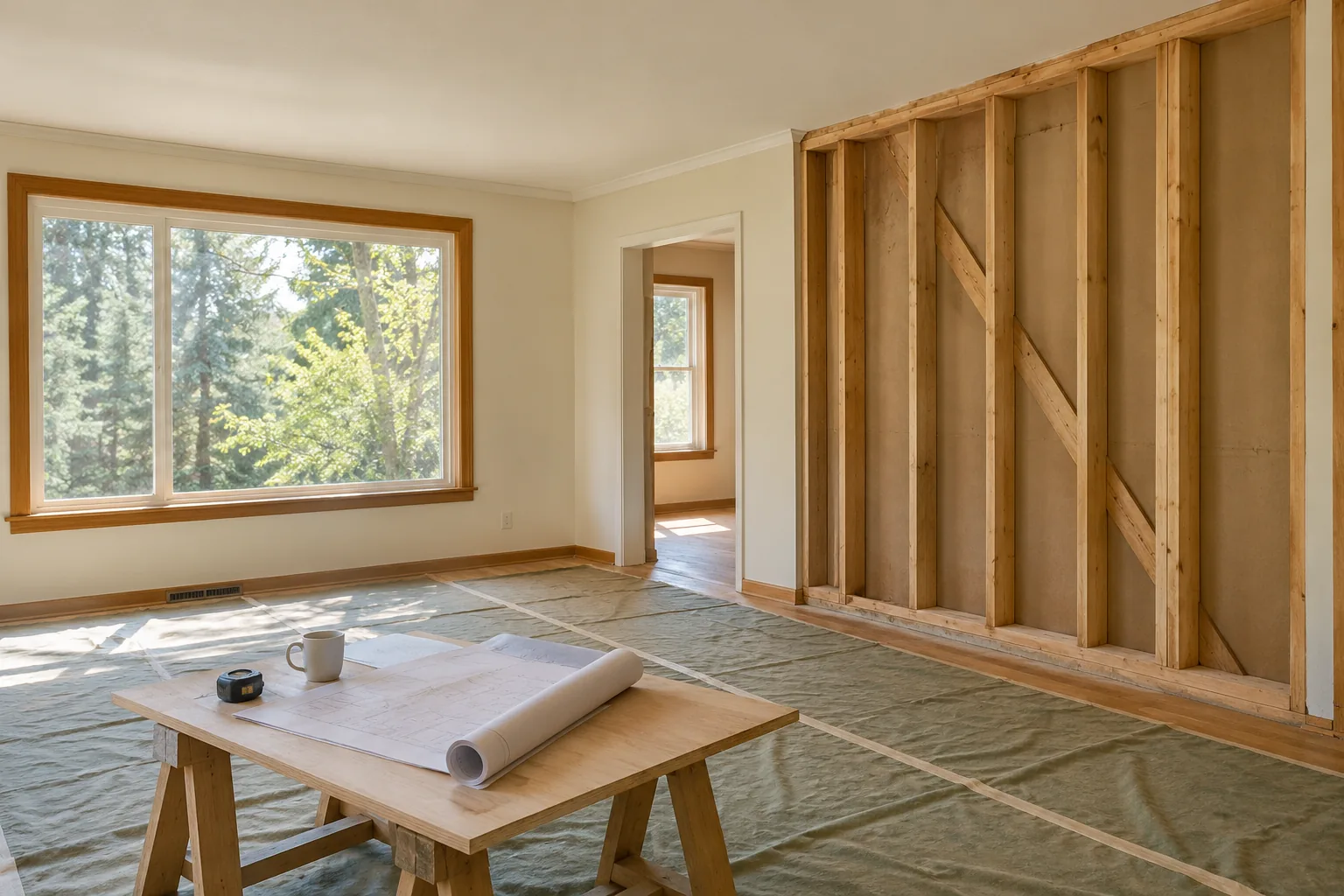 An empty home interior with exposed timber framing during renovation.